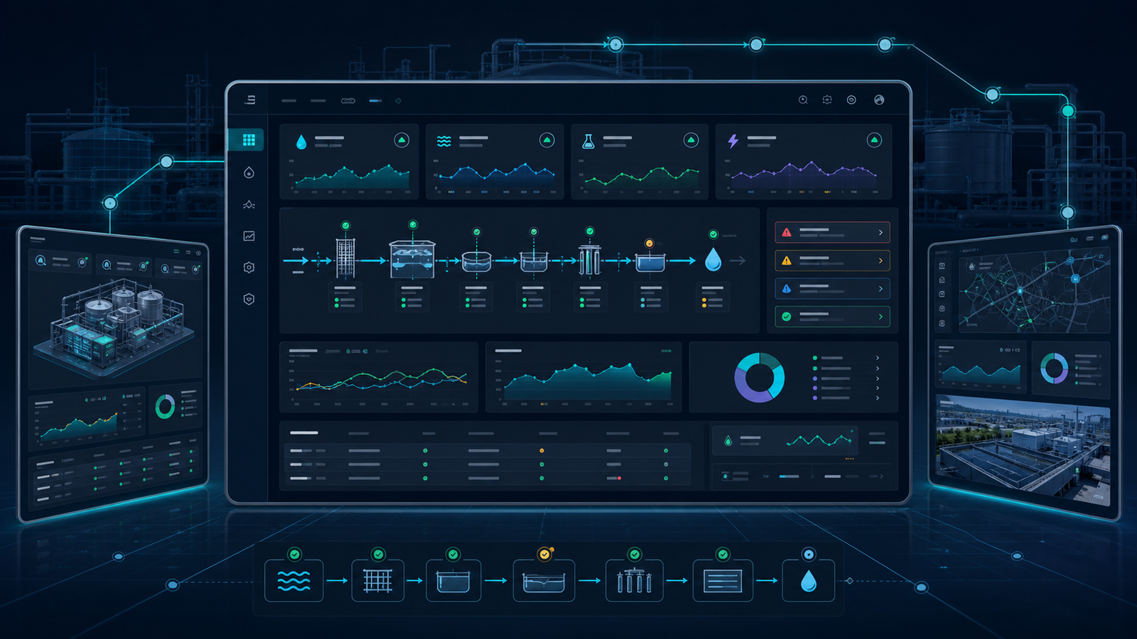 Indra Spectrum command center visual with treatment train telemetry, water quality charts, alerts, and plant monitoring panels